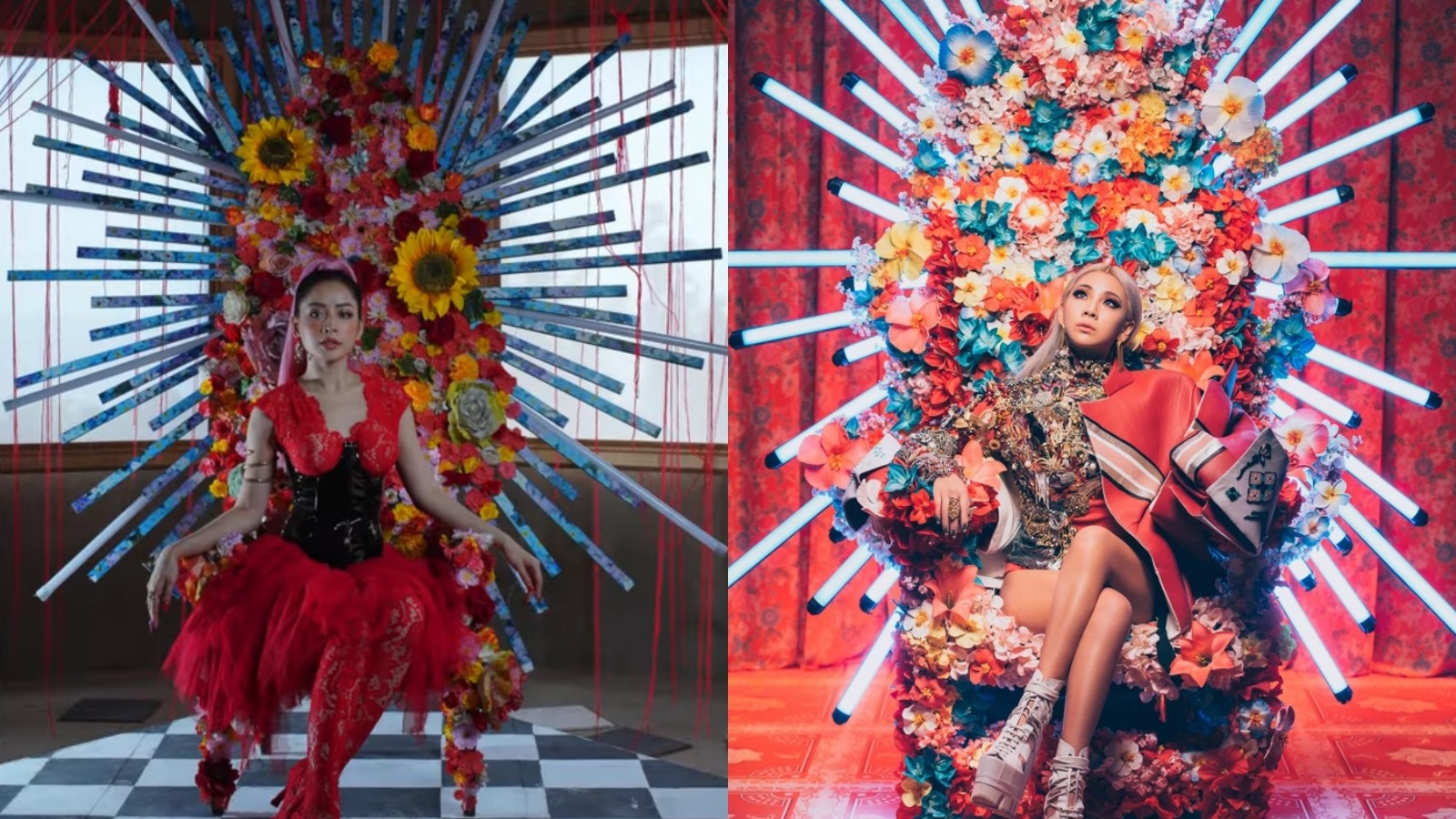Chi Pu trong MV nhạc phim “Thiên thần hộ mệnh” (2021) và CL trong MV “Hello Bitches” (2015) cùng sử dụng chiếc ghế hoa có những ánh hào quang tỏa xung quanh. Ảnh: CMH.