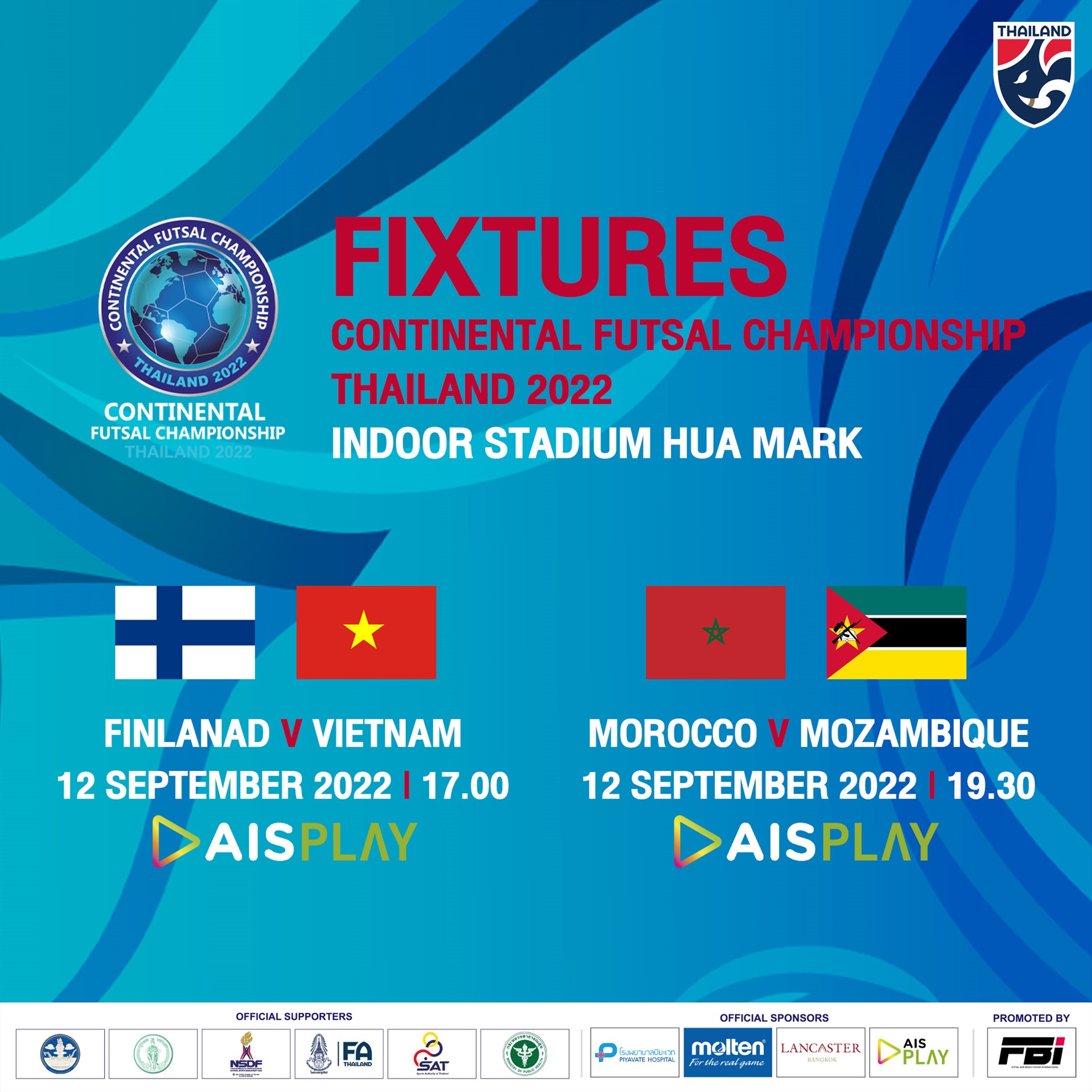 Ngoài trận tuyển futsal Việt Nam vs Phần Lan, trong ngày 12.9 còn có trận Ma-Rốc vs Mozambique. Ảnh: Futsal Thailand