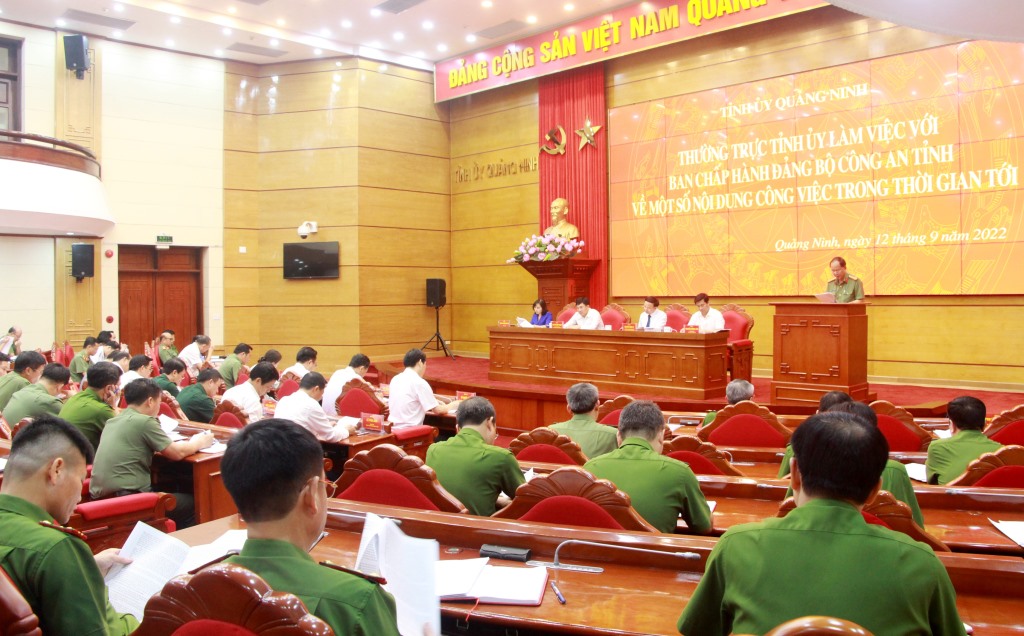 Thường trực Tỉnh ủy Quảng Ninh làm việc với Ban Chấp hành Đảng bộ Công an tỉnh Quảng Ninh ngày 12.9.2022. Ảnh: Thu Chung
