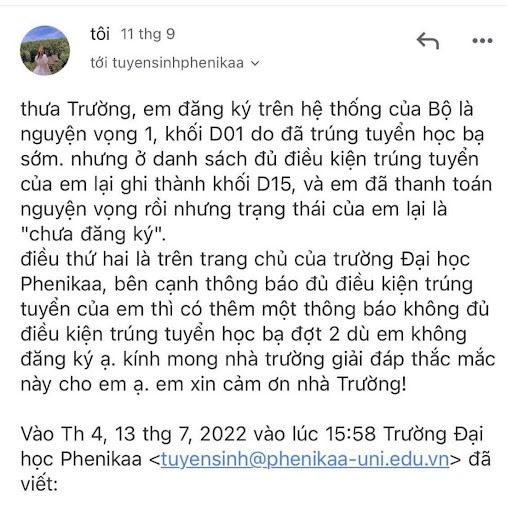 Nội dung email Quỳnh Chi gửi đến trang tuyển sinh trường đại học Phenikaa. Ảnh NVCC