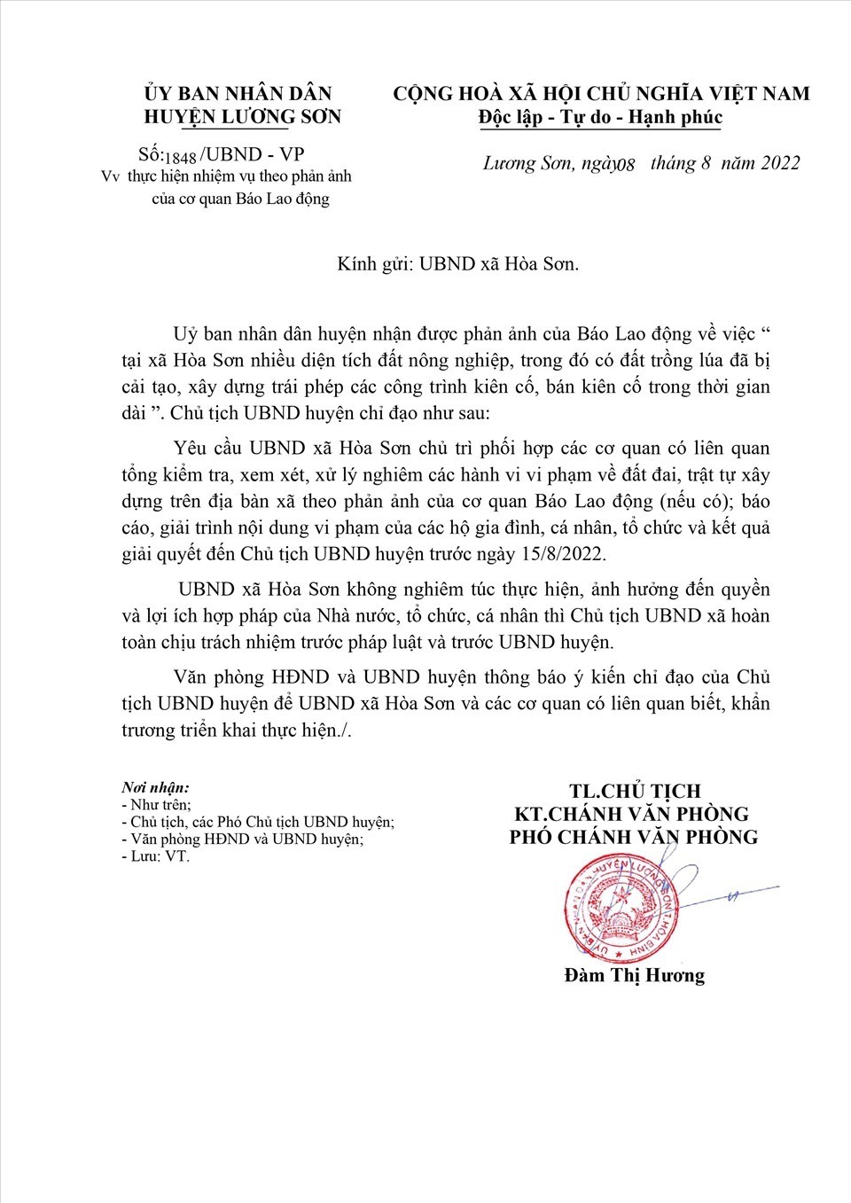 Văn bản chỉ đạo của UBND huyện Lương Sơn nêu rõ: