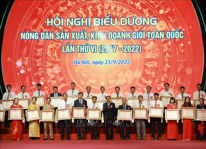 Phó Thủ tướng Lê Văn Thành Trao Bằng khen của Thủ tướng Chính phủ tặng nông dân có thành tích xuất sắc trong giai đoạn 2017 - 2022. Ảnh: Vũ Sinh/TTXVN