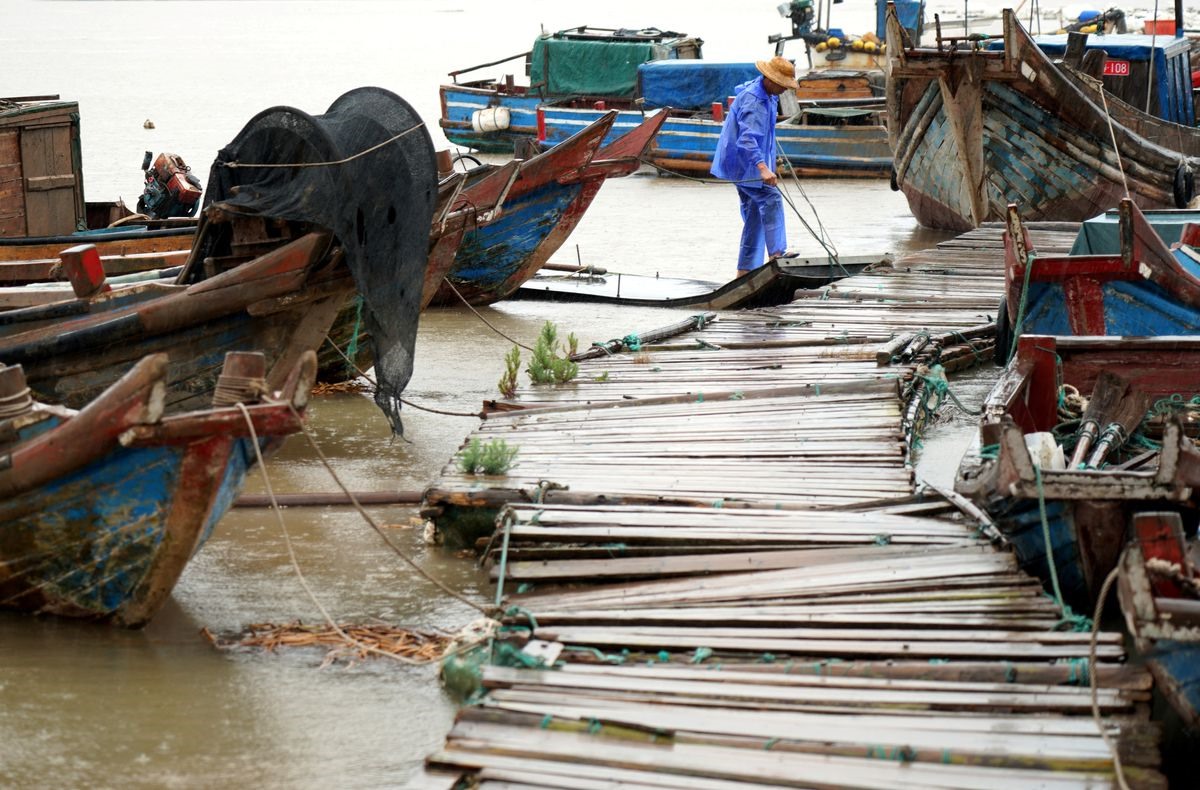 Một người đàn ông buộc thuyền vào bến tàu khi cơn bão Muifa đến gần, tại vịnh Nhạc Thanh ở Ôn Châu, tỉnh Chiết Giang, Trung Quốc, ngày 13.9.2022. Ảnh: China Daily