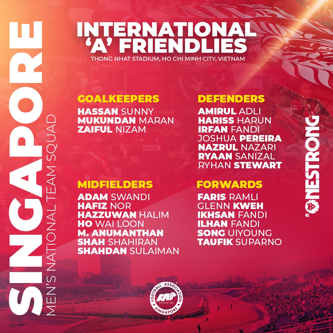 Danh sách tuyển Singapore sang TPHCM thi đấu với tuyển Việt Nam, Ấn Độ. Ảnh: FAS