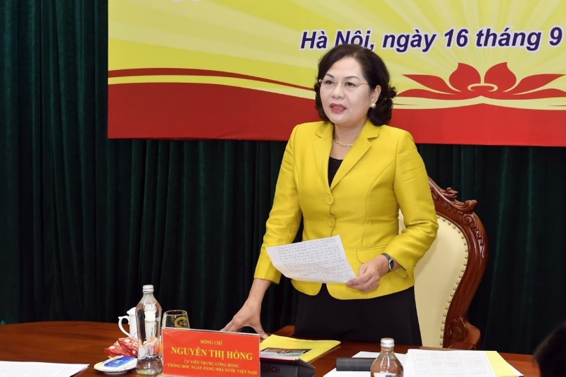 Thống đốc Nguyễn Thị Hồng điều hành Hội nghị. Ảnh: SBV.