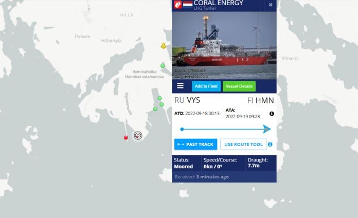 A screenshot from the Marine Traffic website shows the LNG tanker travelled from Vysotsk in Russia to Hamina in Finland. Image: Helena Korpela / Yle