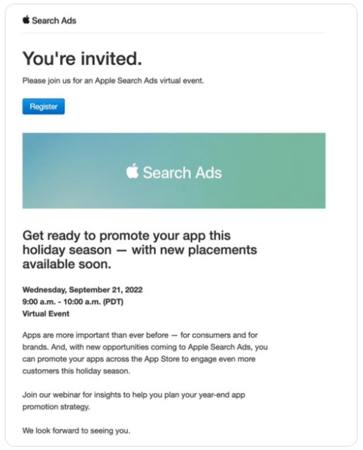 Bức thư mời quảng cáo mà Apple gửi tới các nhà phát triển. Ảnh chụp màn hình