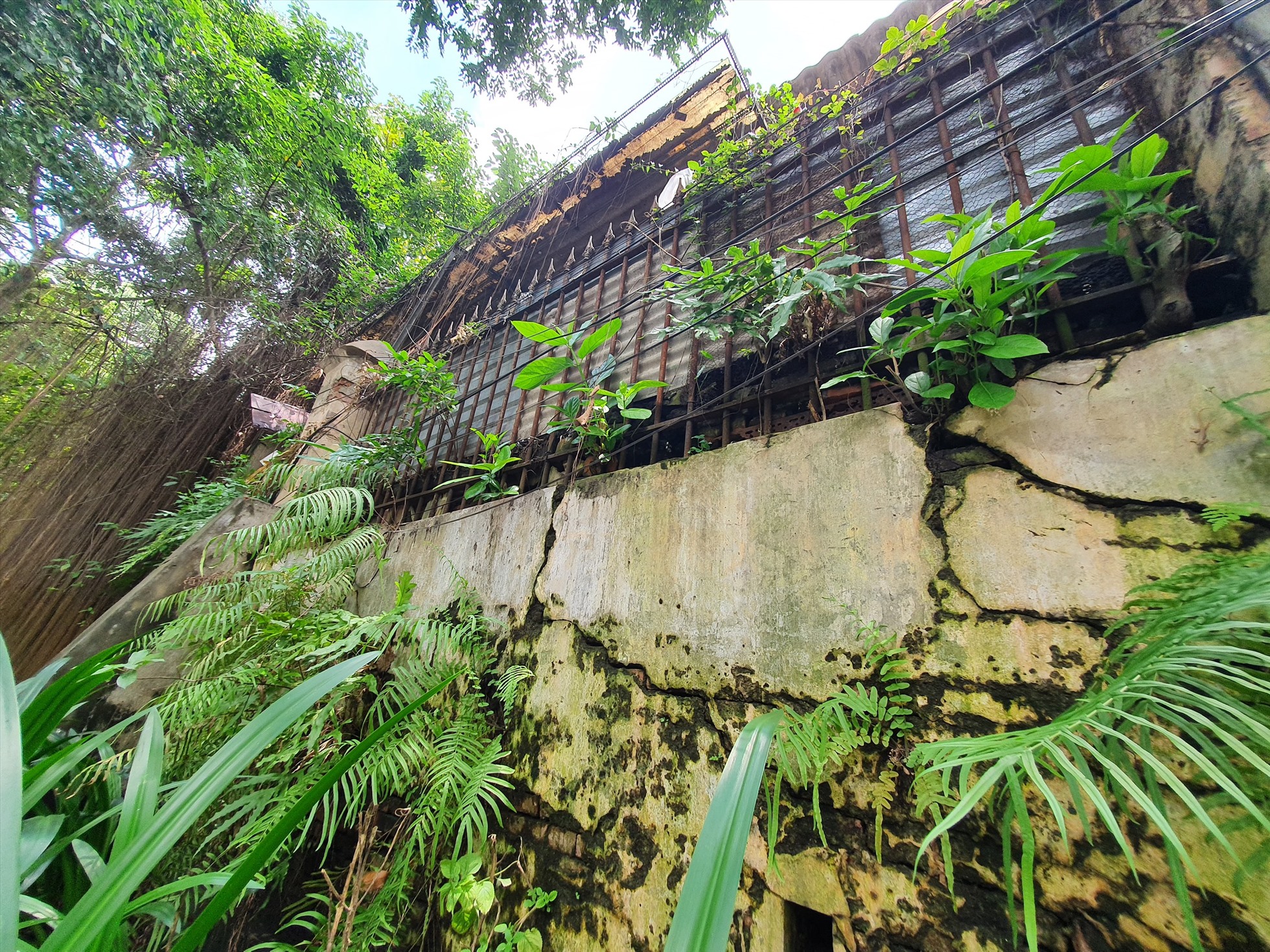 Bức tường bao quanh khu đất số 34-36-42 Chu Mạnh Trinh xảy ra tình trạng nứt gãy, nghiêng về phía trước, nguy cơ đổ sập bất cứ lúc nào.