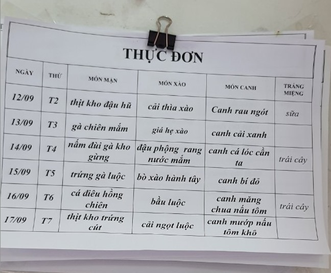 Thực đơn bữa ăn ca của công nhân Công ty TNHH Quadrille Việt Nam (Khu công nghiệp Amata, TP.Biên Hòa. Ảnh: N.H