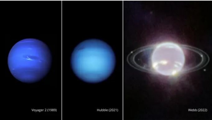 Ảnh sao Hải Vương do tàu vũ trụ Voyager 2 chụp năm 1989, kính thiên văn Hubble chụp năm 2021 và James Webb vào năm 2022. Ảnh: NASA