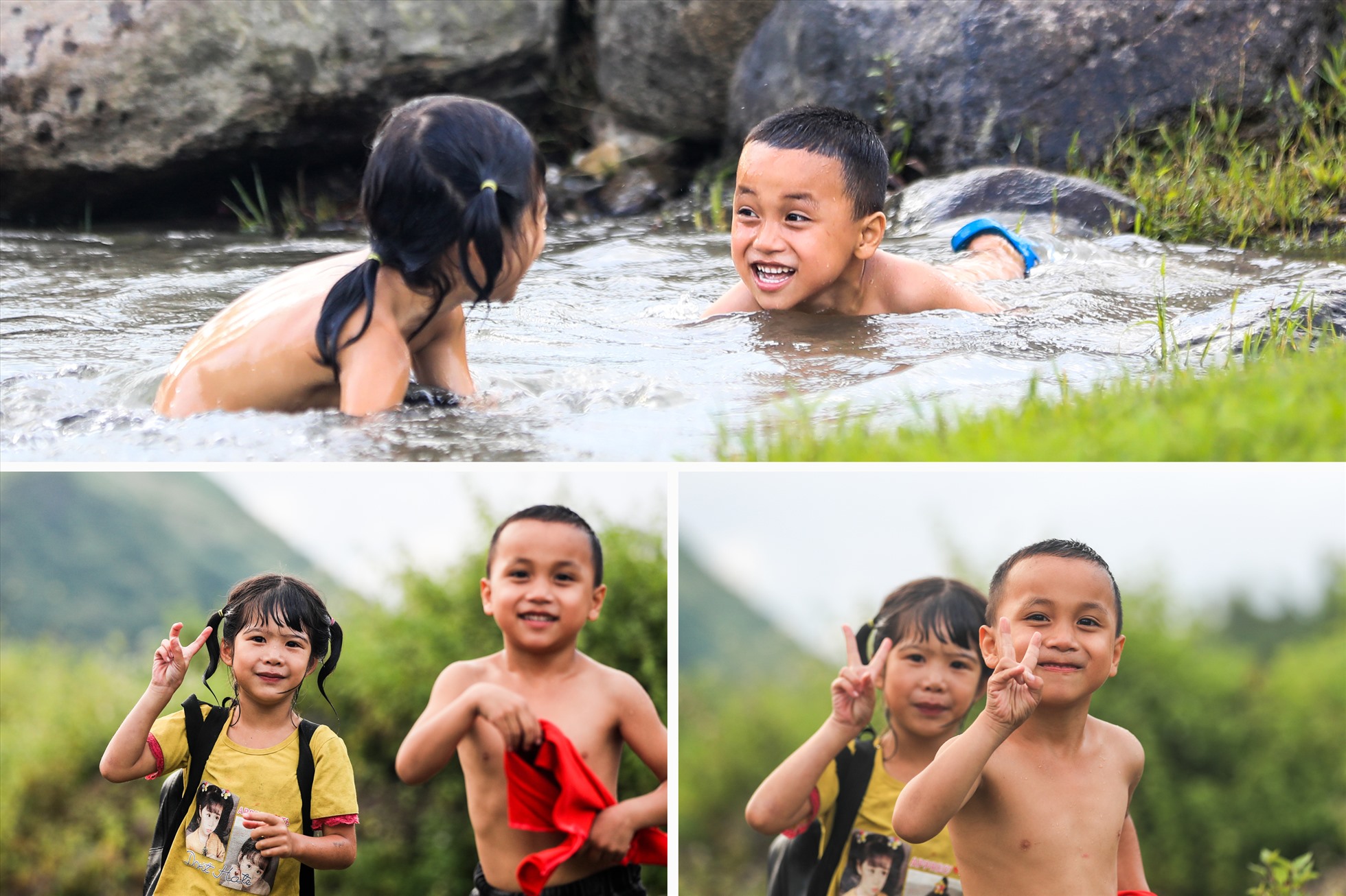 Nụ cười hồn nhiên của những cô bé, cậu bé Bản Chao theo anh chị ra suối.