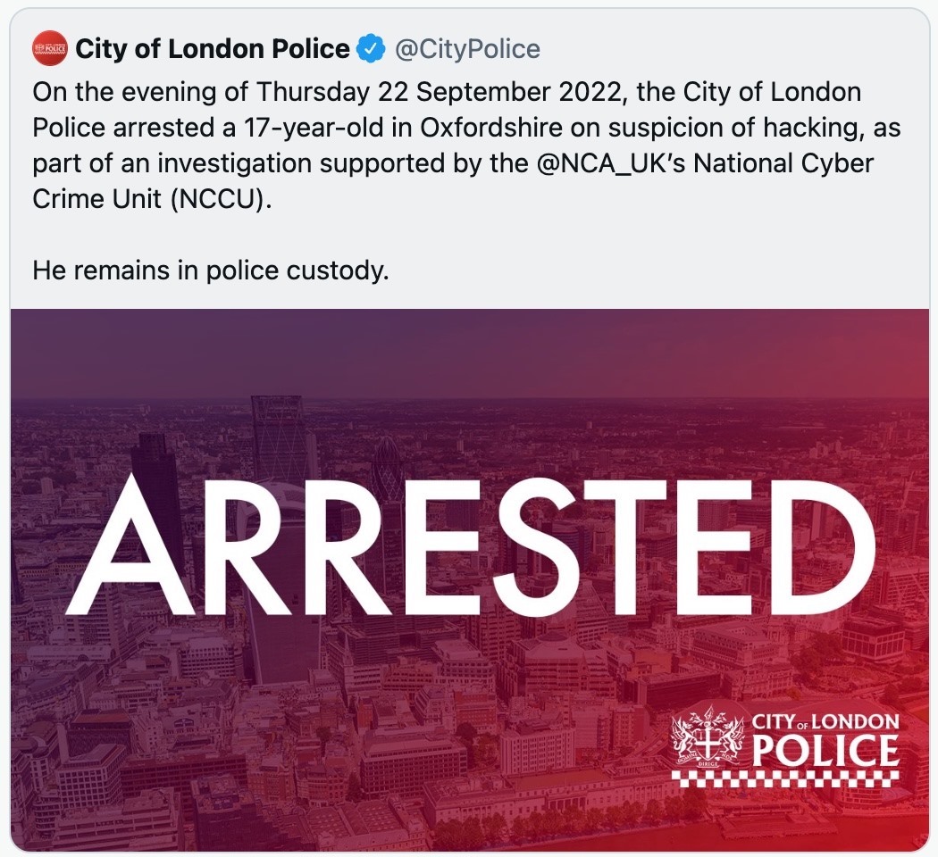 Cảnh sát Anh thông báo bắt hacker 17 tuổi trên Twitter. Ảnh chụp màn hình