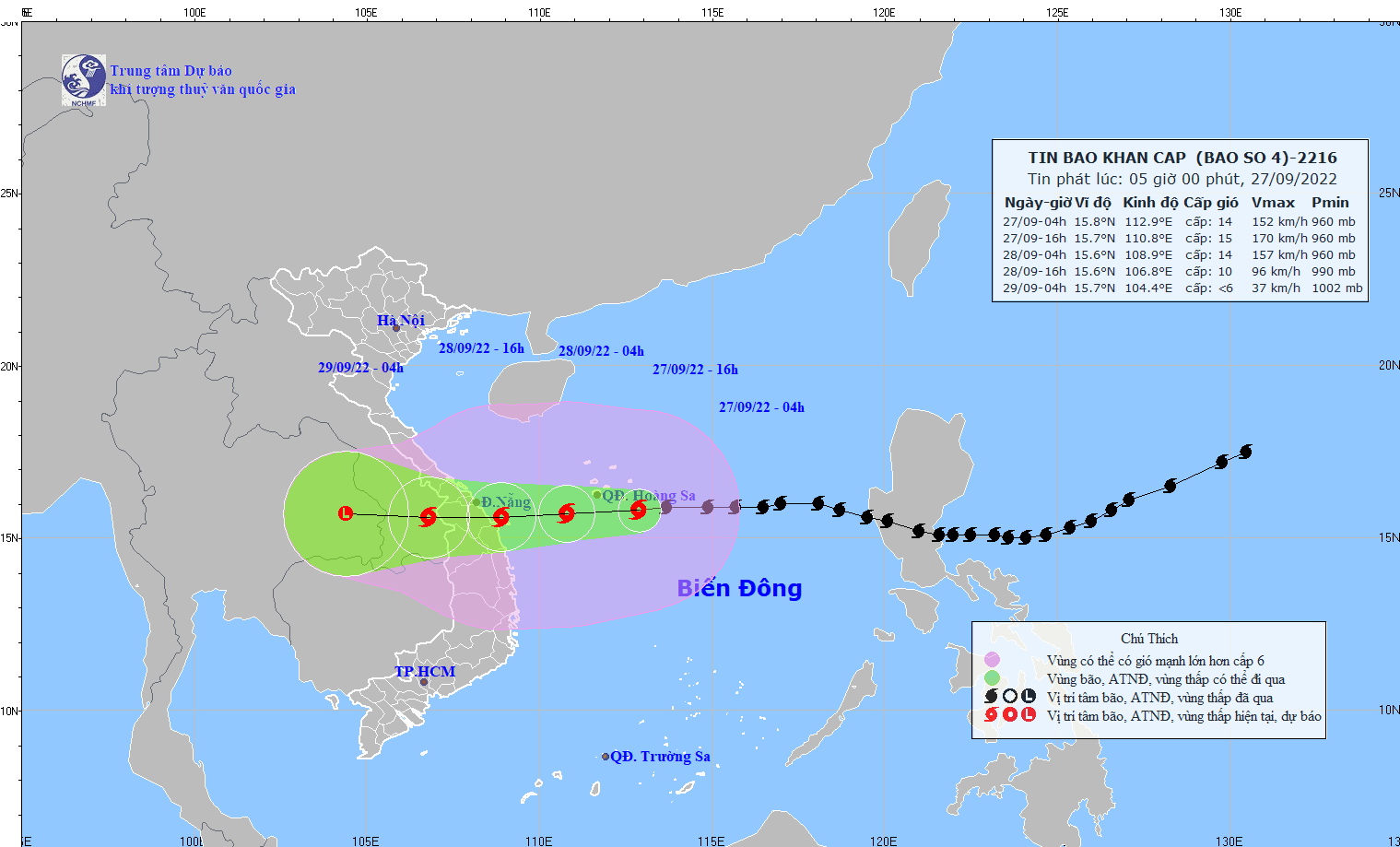 Đường đi của bão số 4. Ảnh: Trung tâm Khí tượng Thuỷ văn Quốc gia Việt Nam