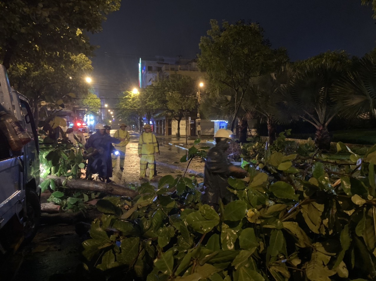 Lực lượng CSGT dọn dẹp cây đổ, bám đường trong tối 27.9 trước khi bão số 4 đổ bộ đất liền. Ảnh: Cục CSGT