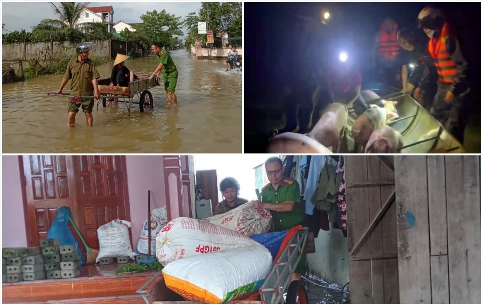 Công an huyện Yên Thành kịp thời hỗ trợ người già, lương thực, vật nuôi ra khỏi khu vực mưa ngập. Ảnh: Quỳnh Trang