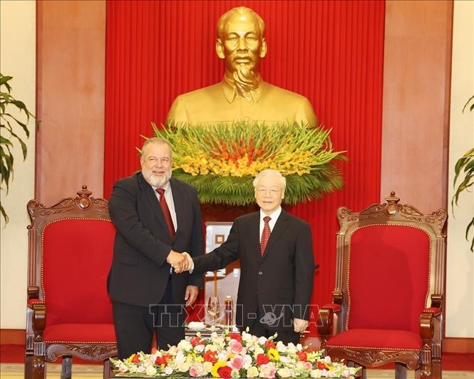 Tổng Bí thư Nguyễn Phú Trọng tiếp Thủ tướng Cuba Manuel Marrero Cruz. Ảnh: TTXVN
