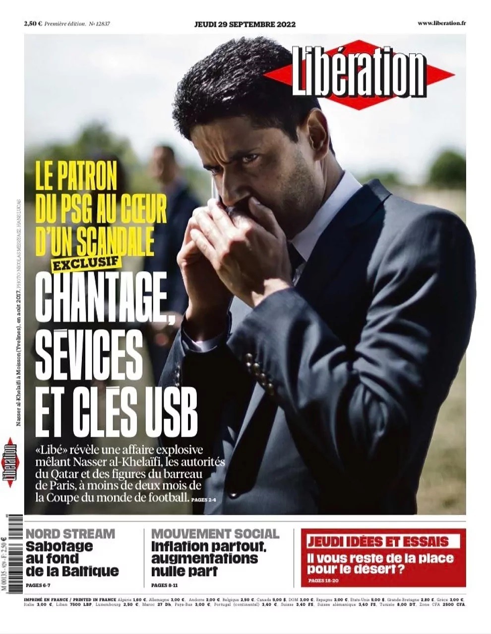 Hình trang bìa của tờ Liberation với thông tin nổi bật về ông chủ của PSG. Ảnh: CMH