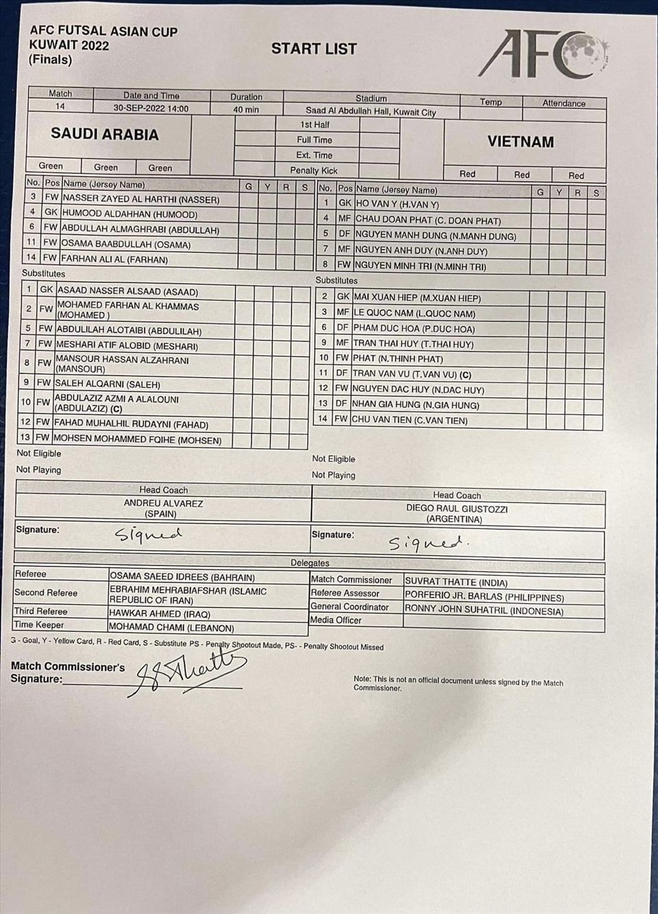Đội hình ra sân của tuyển futsal Saudi Arabia và Việt Nam. Ảnh: VFF
