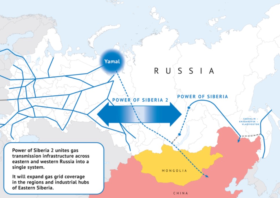 Đường ống Sức mạnh Siberia (Power of Siberia) và Sức mạnh Siberia 2 (Power of Siberia 2) từ Nga sang Trung Quốc. Ảnh: Gazprom