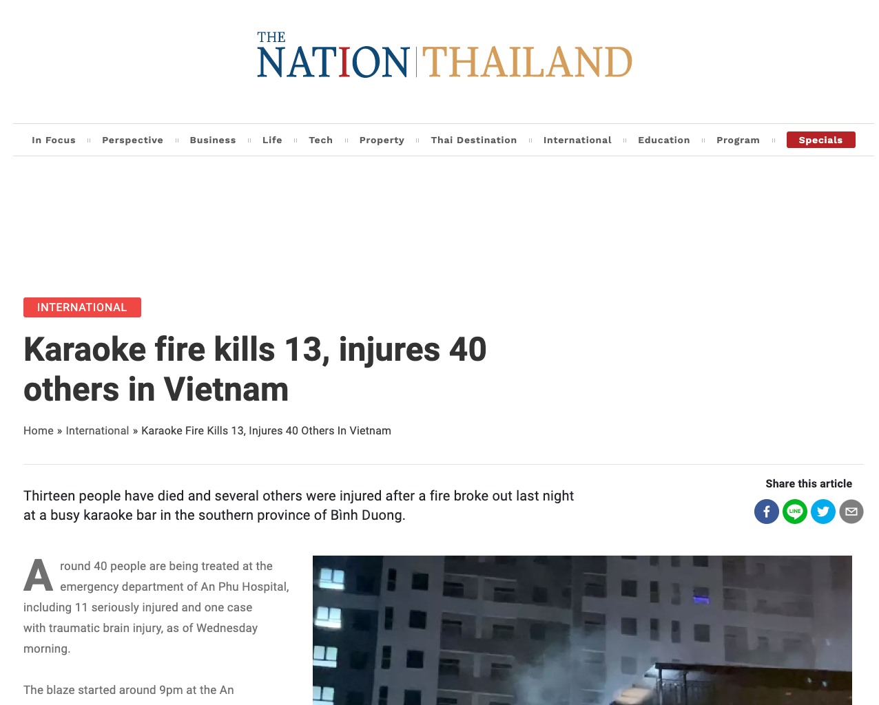 Bài viết trên tờ The Nation Thailand về vụ cháy quán karaoke ở Bình Dương. Ảnh chụp màn hình