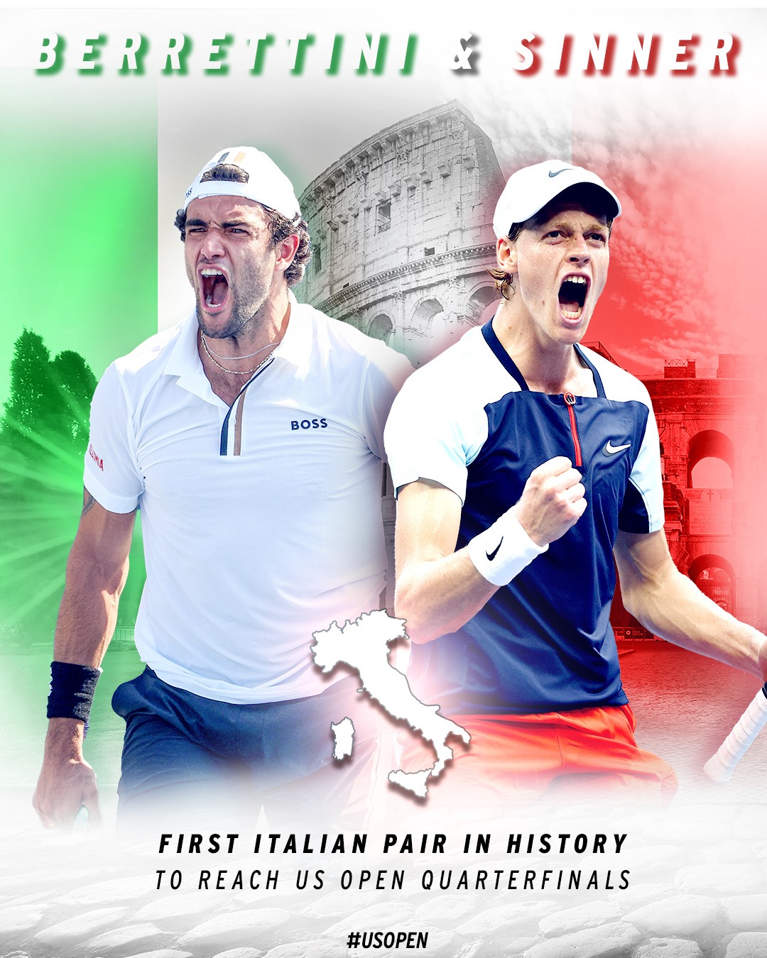 Trang mạng xã hội của US Open thông tin lần đầu tiên có 2 tay vợt người Italia vào tứ kết của giải đấu. Ảnh: US Open