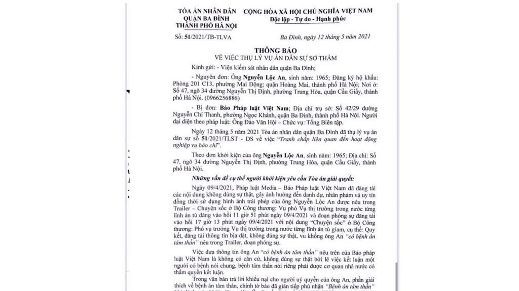 Thông báo thụ lý vụ án dân sự sơ thẩm có liên quan đến thông tin nói ông Nguyễn Lộc An “có bệnh án tâm thần“. Ảnh: TN