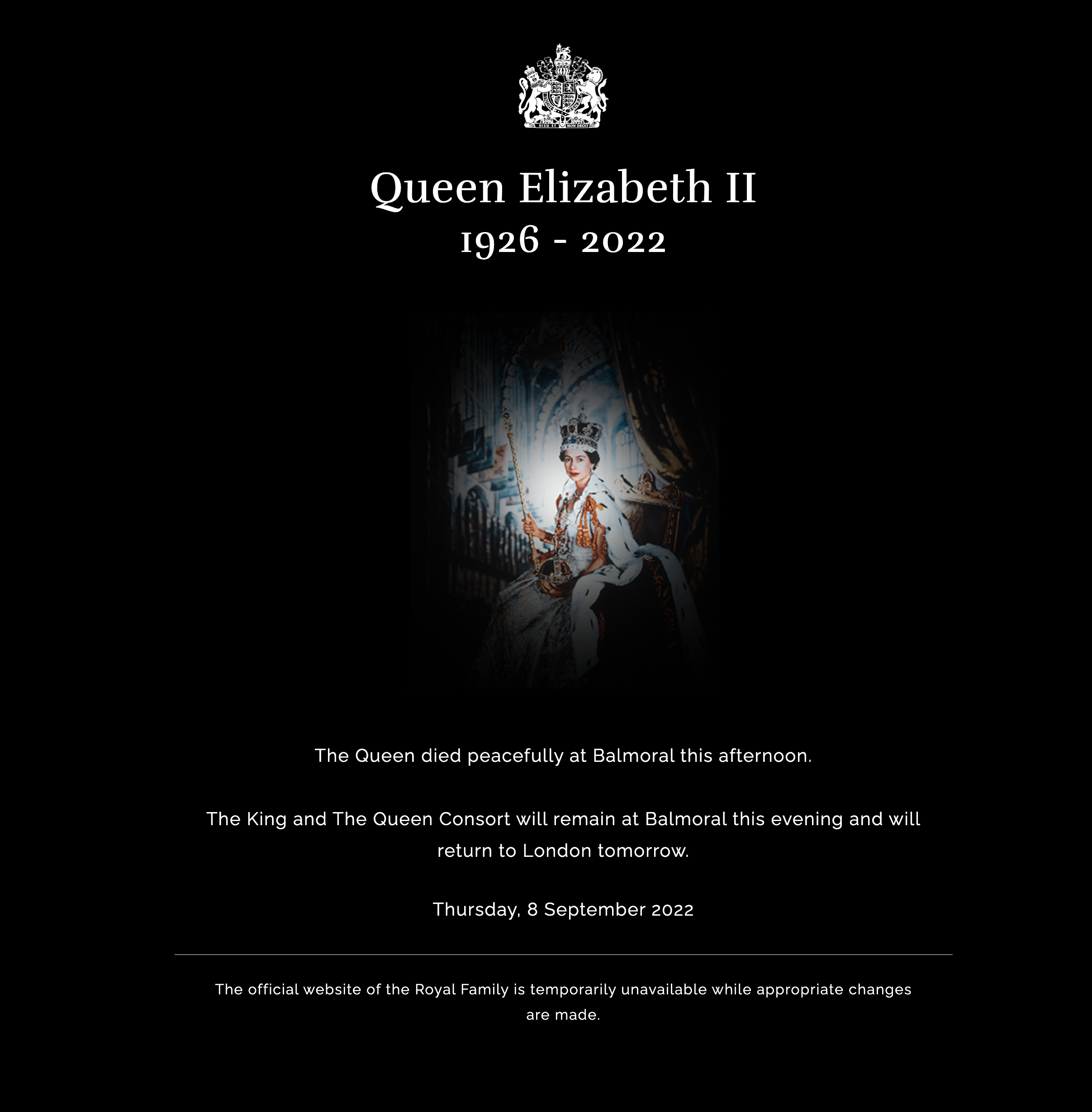 Thông điệp “Nữ hoàng Elizabeth II 1926 - 2022” trên trang web chính thức của hoàng gia Anh. Ảnh: Hoàng gia Anh