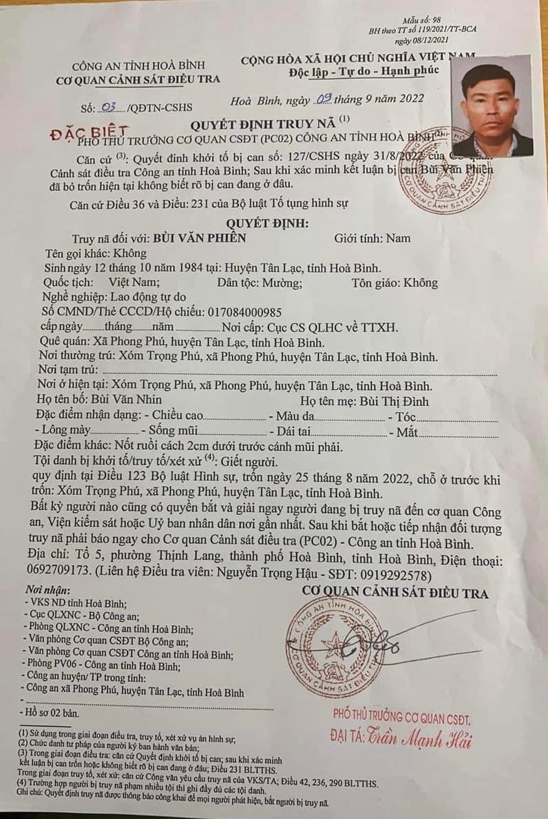 Công an tỉnh Hòa Bình đã ra quyết định truy đã đối tượng Bùi Văn Phiên với tội danh giết người.