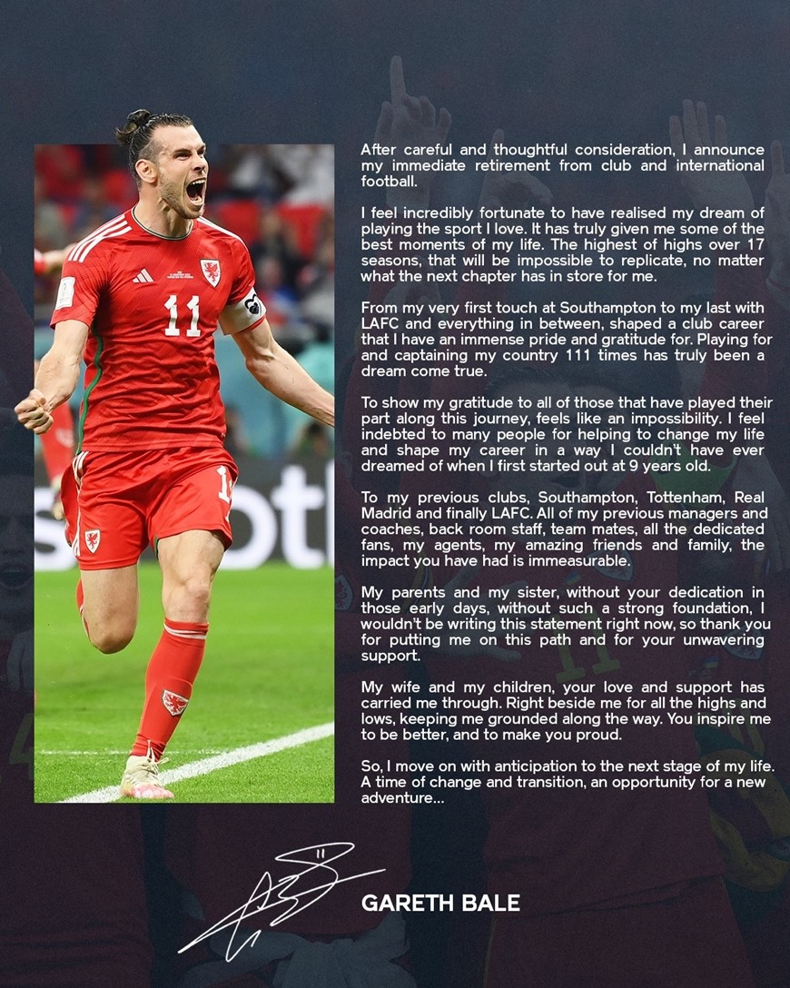Gareth Bale viết tâm thư giã từ sự nghiệp thi đấu.  Ảnh: FB/Gareth Bale