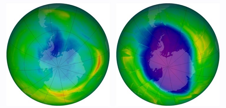 Kích thước và hình dạng của lỗ thủng tầng ozone năm 1979 (trái) và năm 2009. Ảnh: NASA