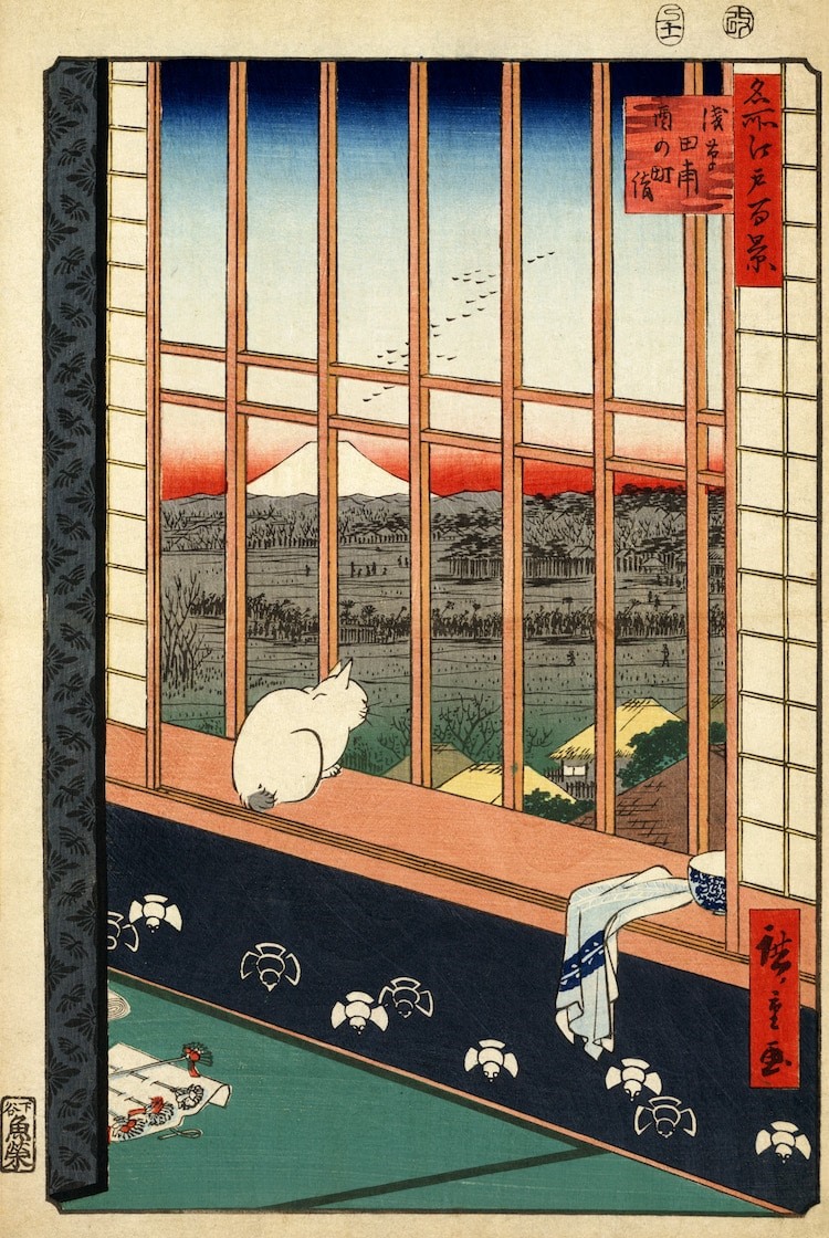 Mèo trong tranh sông nước của Nhật Bản có tên là “Ruộng lúa Asakusa và lễ hội Torinomachi” (1857) Ảnh: Hiroshige, qua Wikimedia Commons