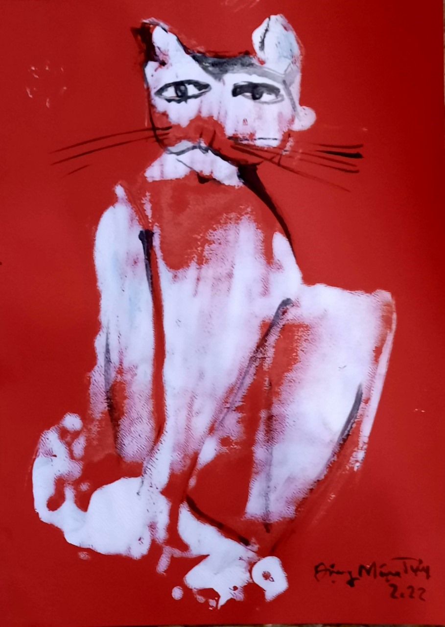 Mèo trong triển lãm 12 con giáp của họa sĩ Đặng Mậu Tựu. Ảnh: Tường Minh