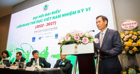 Phó Tổng cục trưởng Tổng cục TDTT Trần Đức Phấn phát biểu tại Đại hội Liên đoàn Thể dục Việt Nam nhiệm kỳ 2022-2027. Ảnh: Quý Lượng