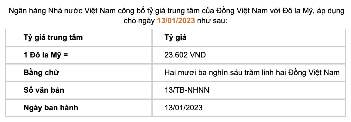 Tỷ giá trung tâm do Ngân hàng Nhà nước công bố