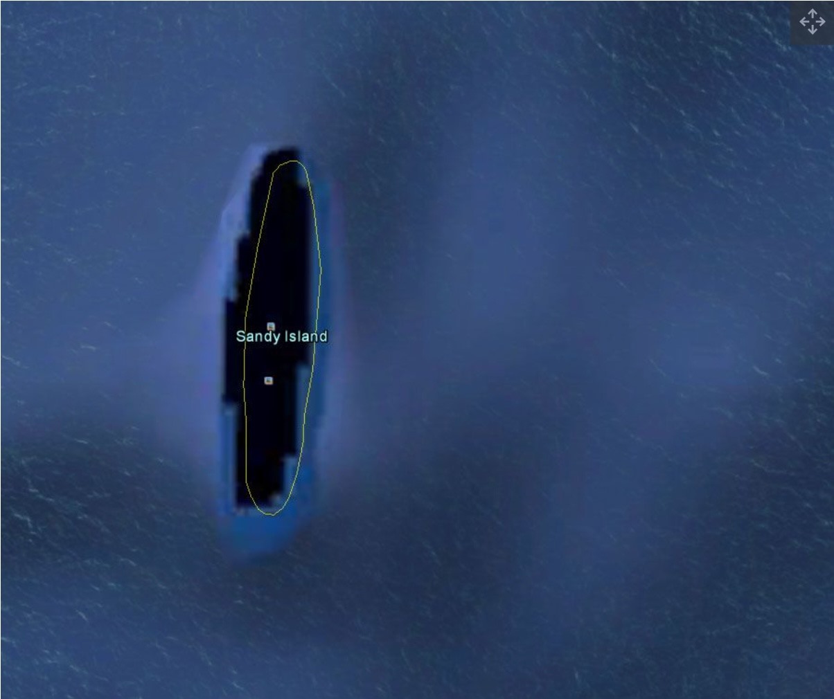 Hòn đảo ma Sandy hiển thị trên Google Earth. Ảnh: Google Earth