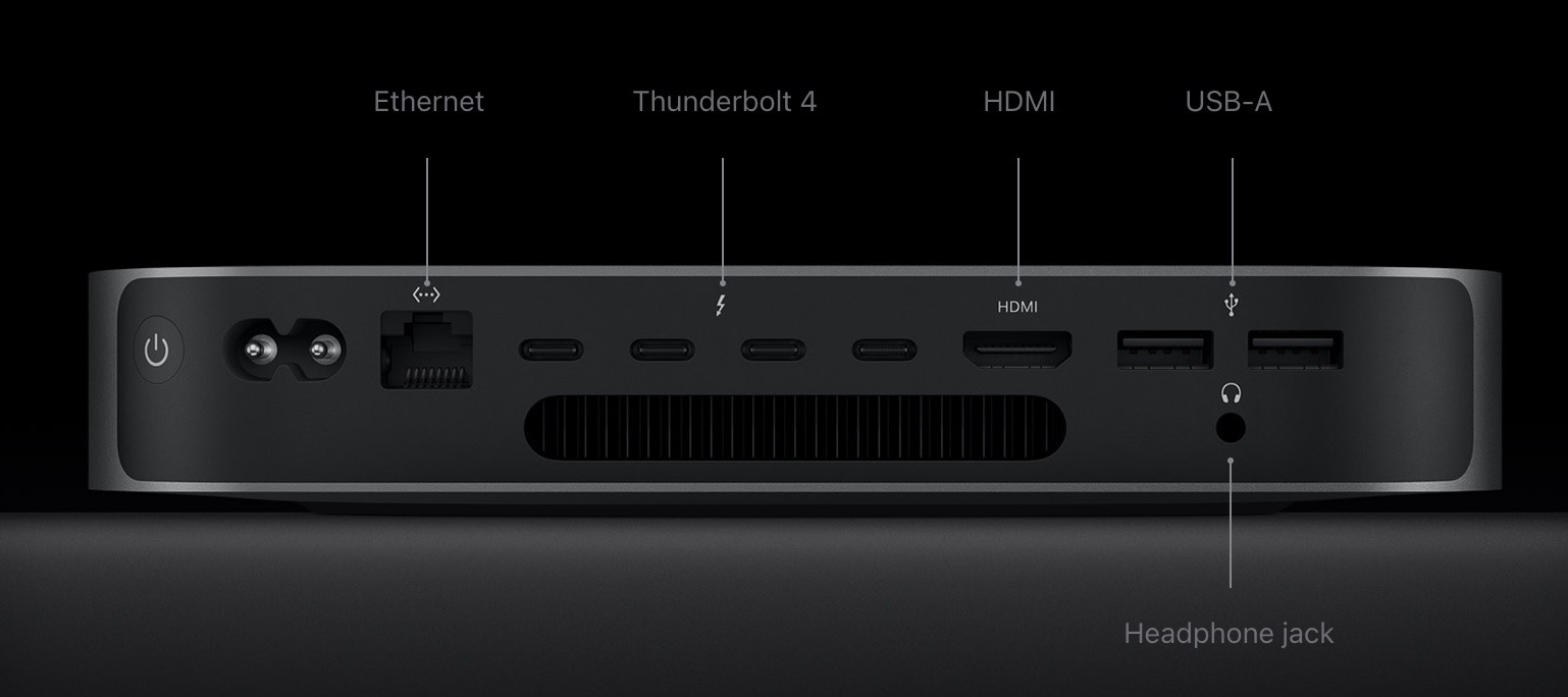 Phiên bản chip M2 Pro cung cấp tới 4 cổng USB-C Thunderbolts 4 và 2 cổng USB-A, thứ đã biến mất từ lâu trên các dòng MacBook. Ảnh: Apple