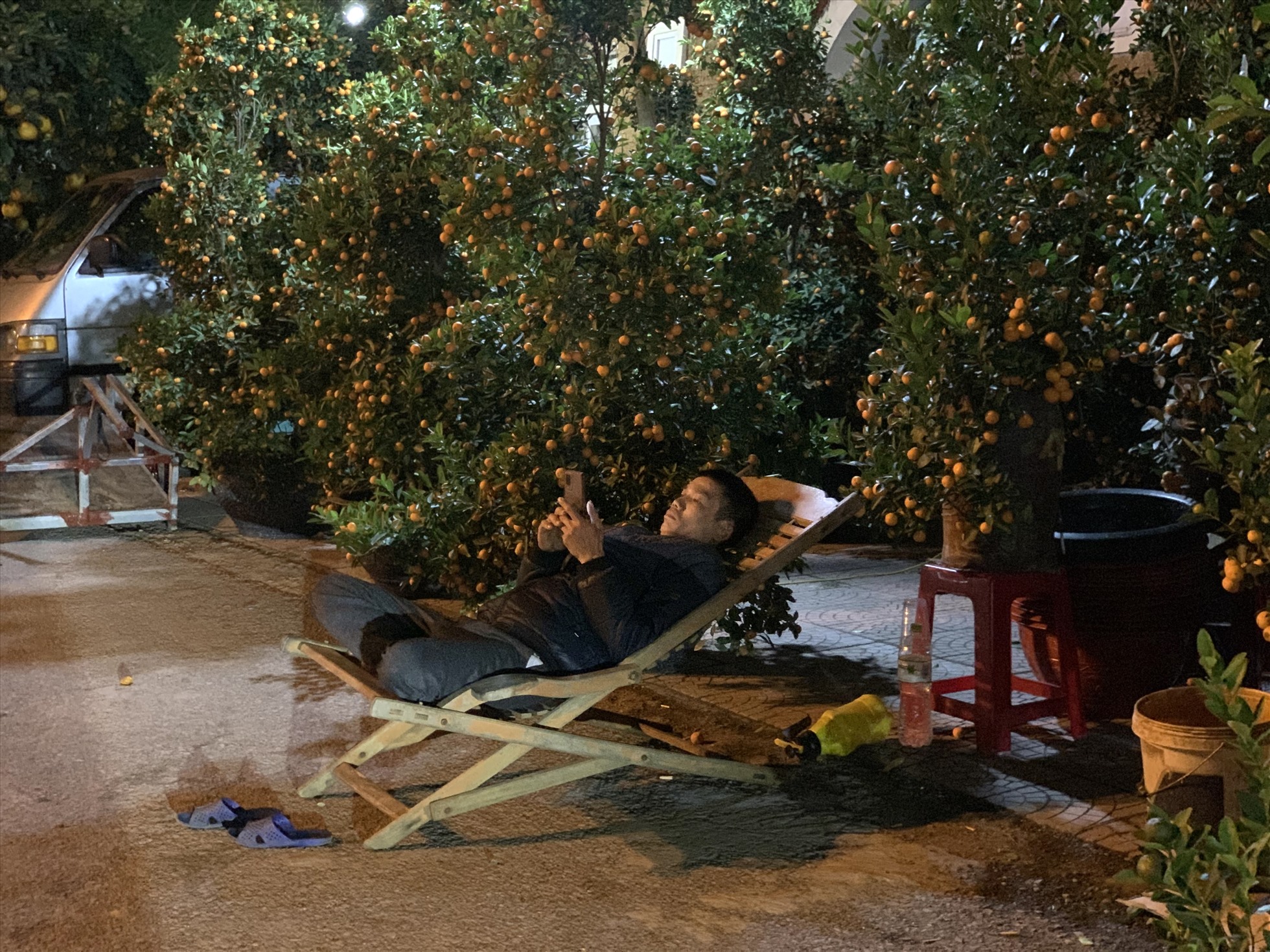 Khoảng 0h đêm ngày 19.1 tại công viên Trung tâm TP. Vinh ( Nghệ An) đã vắng người qua lại.  Nhiều tiểu thương cho biết, thời điểm này là ăn ngủ cùng cây cảnh, cái Tết ấm no hay không cũng phụ thuộc vào những ngày này. Ảnh: Quỳnh Trang