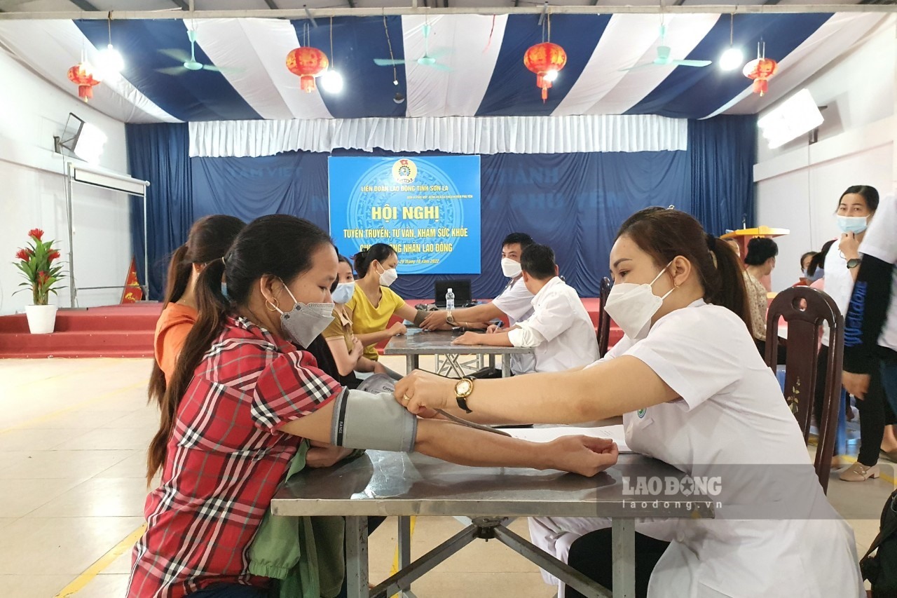 Hơn 350 nữ công nhân Nhà máy may Phù Yên được tư vấn, khám sức khỏe sinh sản miễn phí tại hội nghị do LĐLĐ tỉnh Sơn La tổ chức. Ảnh: Hùng Dân.