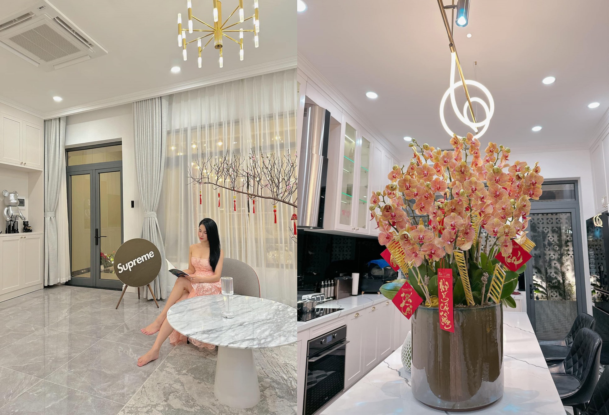 Diễn viên, người mẫu Diệp Lâm Anh tự cắm hoa trang trí trong nhà. Chị được mẹ tặng căn biệt thự rộng khoảng 600 m2. Năm nay, Diệp Lâm Anh đón năm mới ở TPHCM. Chị ước năm sau sẽ được ăn Tết ở Hà Nội.   Không gian nhà của Diệp Lâm Anh được trang trí bởi nhiều loài hoa màu hồng ngọt ngào.