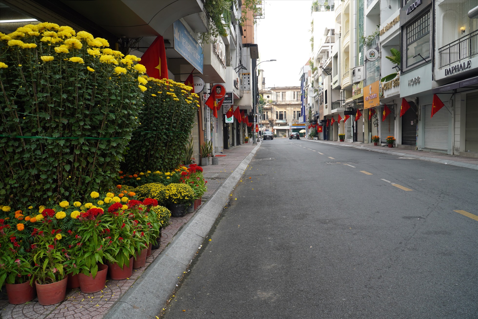 Một góc phố tràn ngập hoa và cờ tại đường Đặng Thị Nhu (Quận 1).