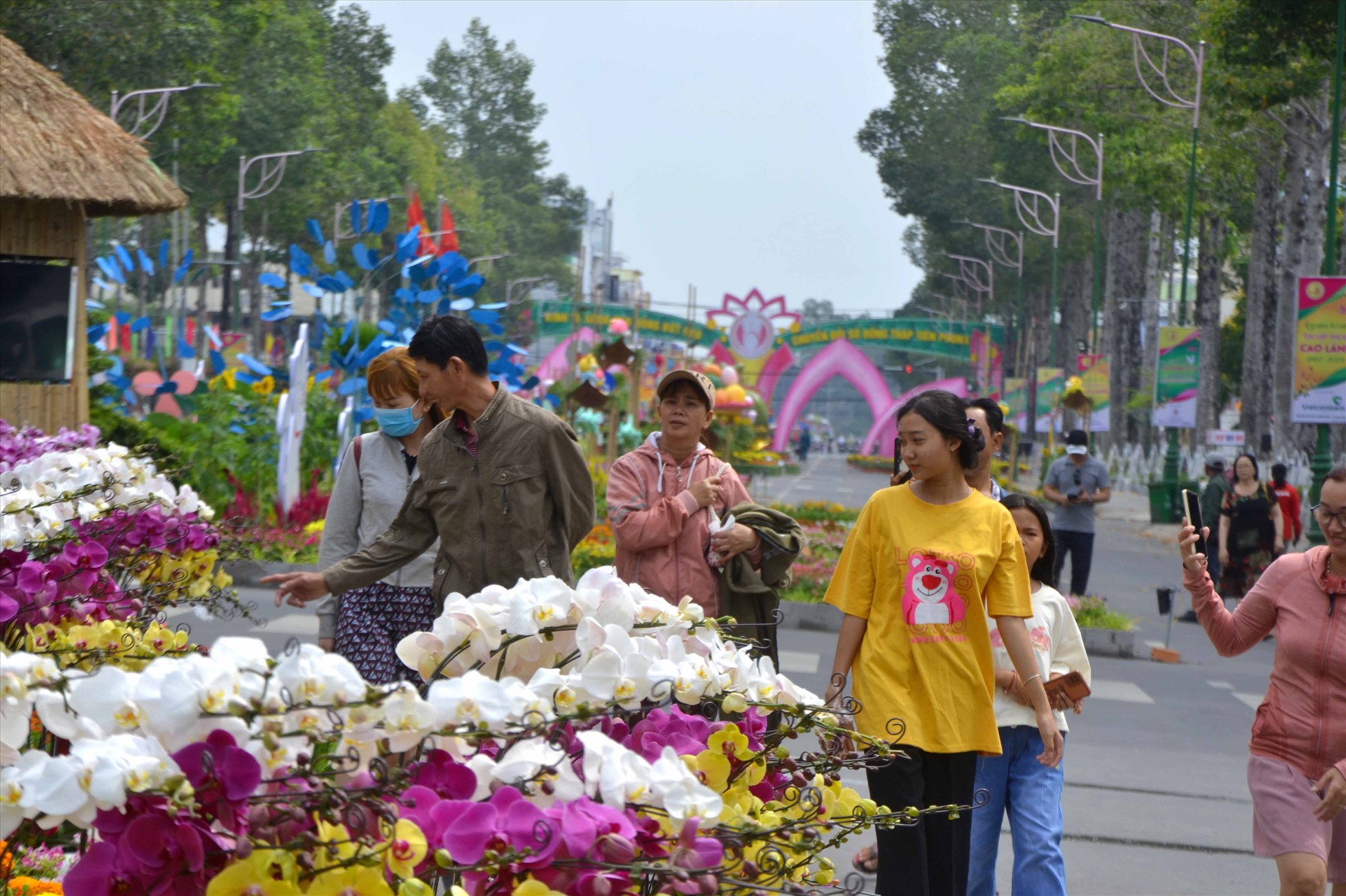 Đường hoa Xuân Đồng Tháp thu hút người người đến thưởng lãm. Bên cạnh sức hút từ  “kỳ hoa, dị thảo“, còn vì sự mới lạ của hình tượng linh vật mèo. Ảnh: Lục Tùng