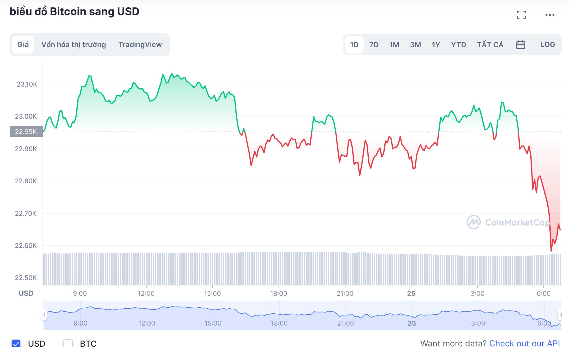 Biến động giá tiền điện tử Bitcoin mới nhất. Ảnh: Chụp màn hình.