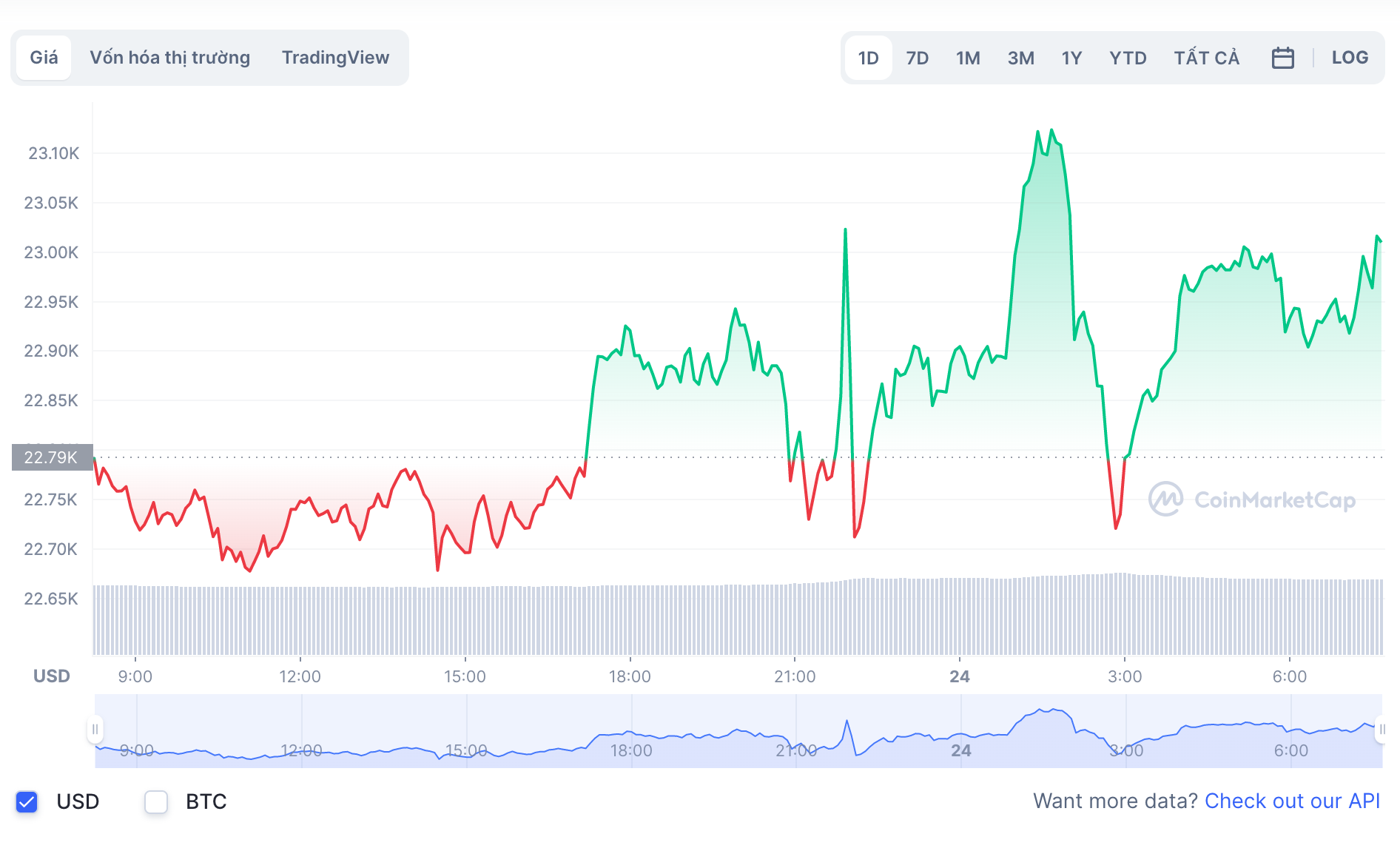 Biến động giá Bitcoin trong 24h qua. Ảnh: Chụp màn hình.