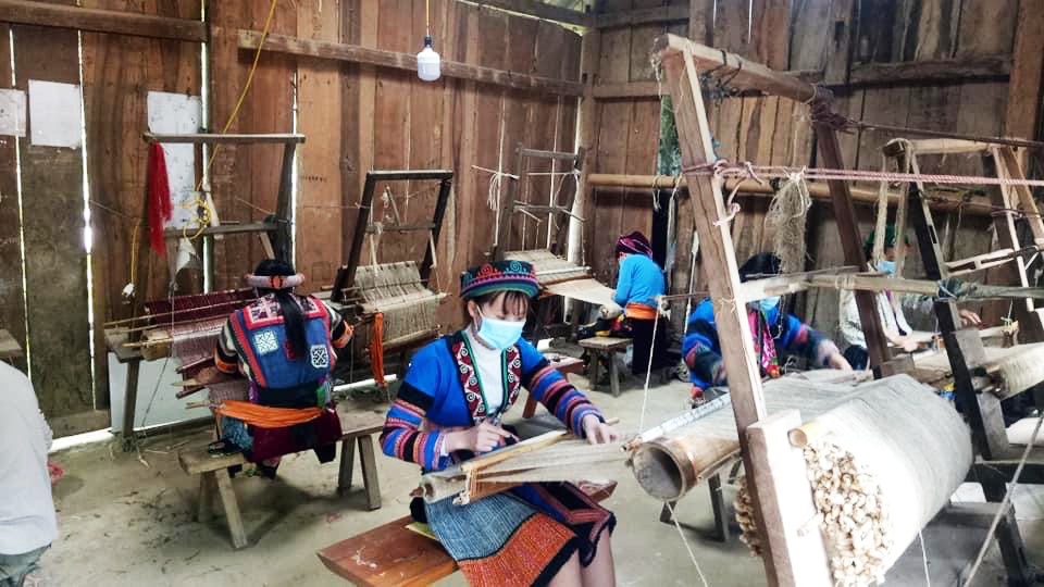 Hàng chục phụ nữ Mông thường xuyên dệt vải tại HTX Lùng Tám.