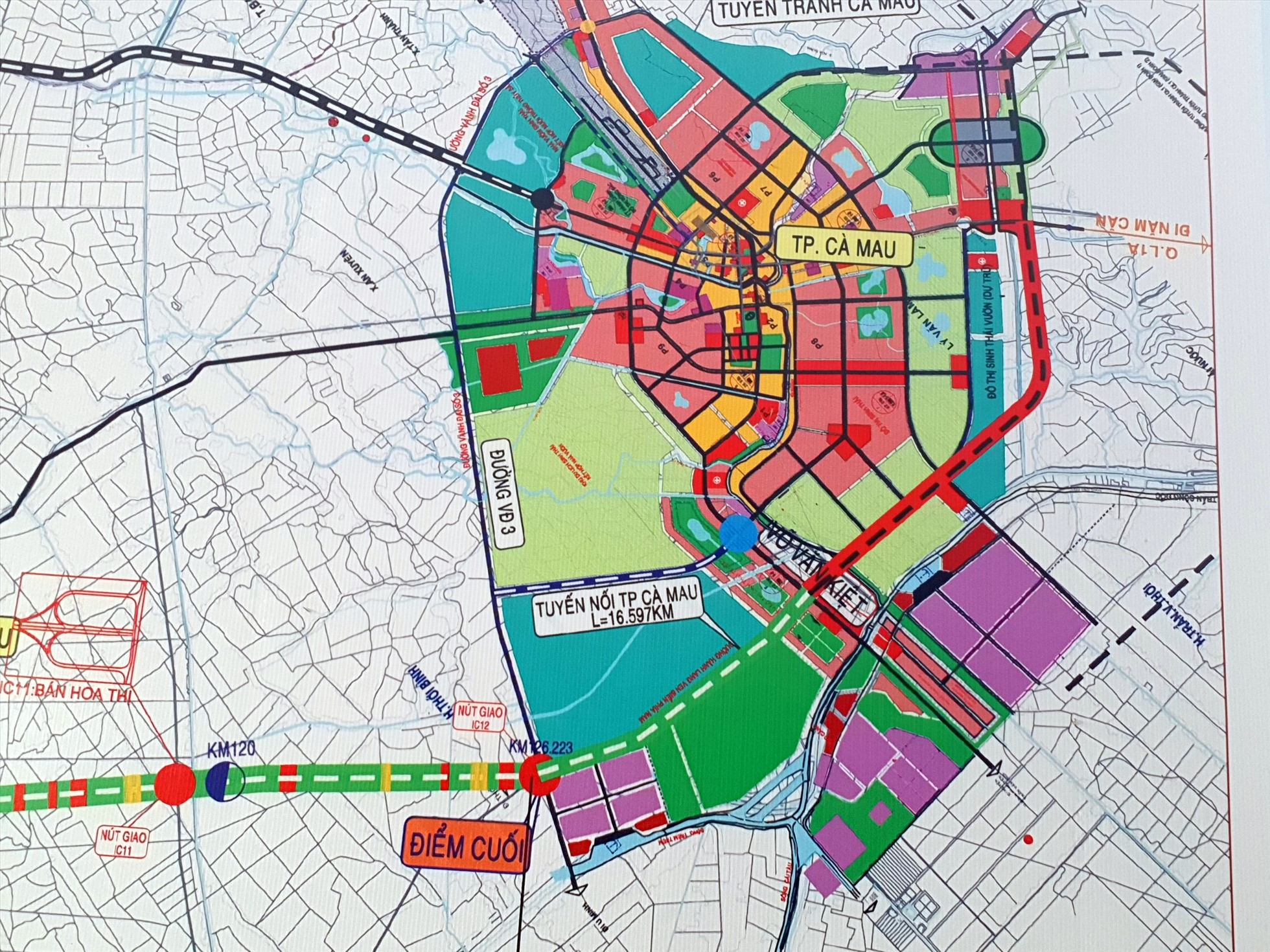 Sơ đồ quy hoạch nhiều tuyến nối với điểm cuối đường cao tốc Cần Thơ - Hậu Giang - Cà Mau. Ảnh: Nhật Hồ