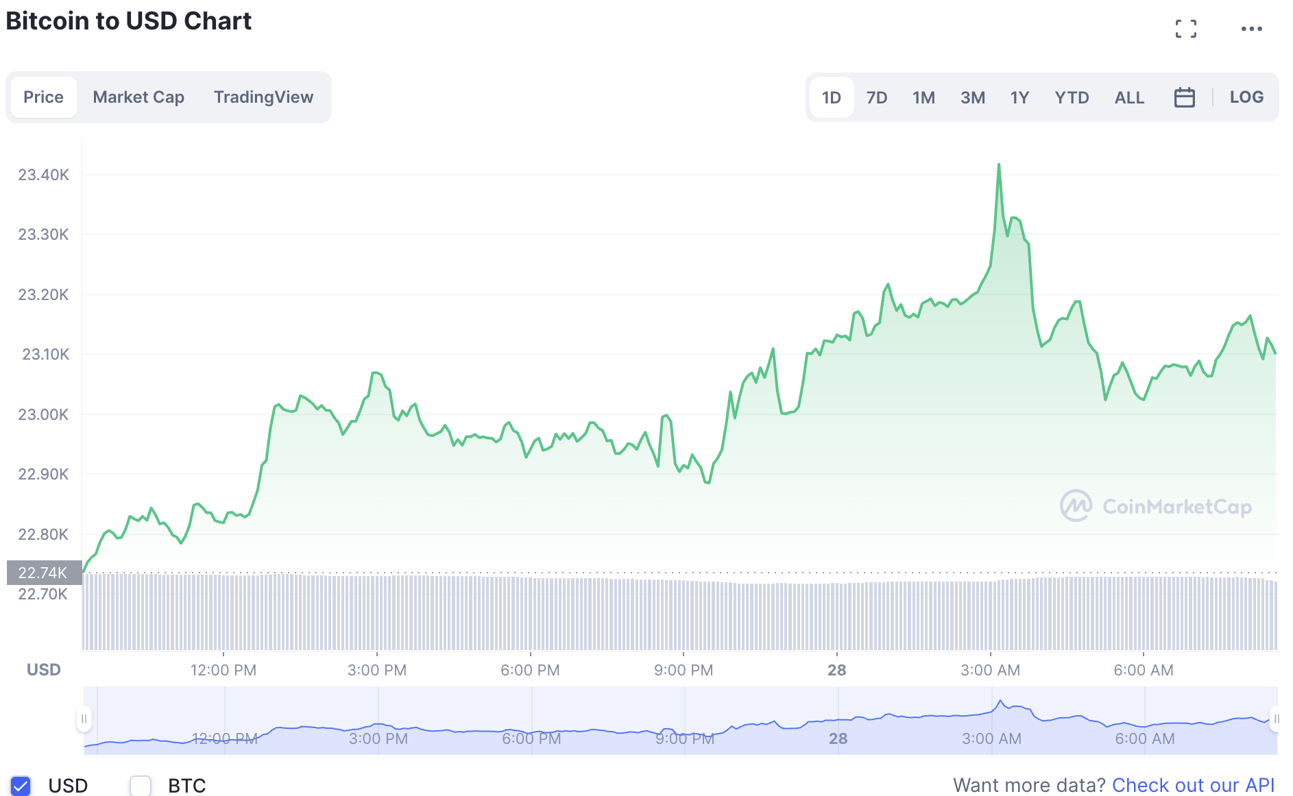 Biến động giá tiền điện tử Bitcoin mới nhất. Ảnh: Chụp màn hình.