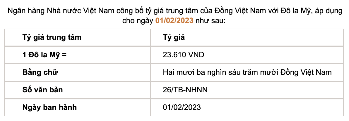 Tỷ giá trung tâm do Ngân hàng Nhà nước công bố