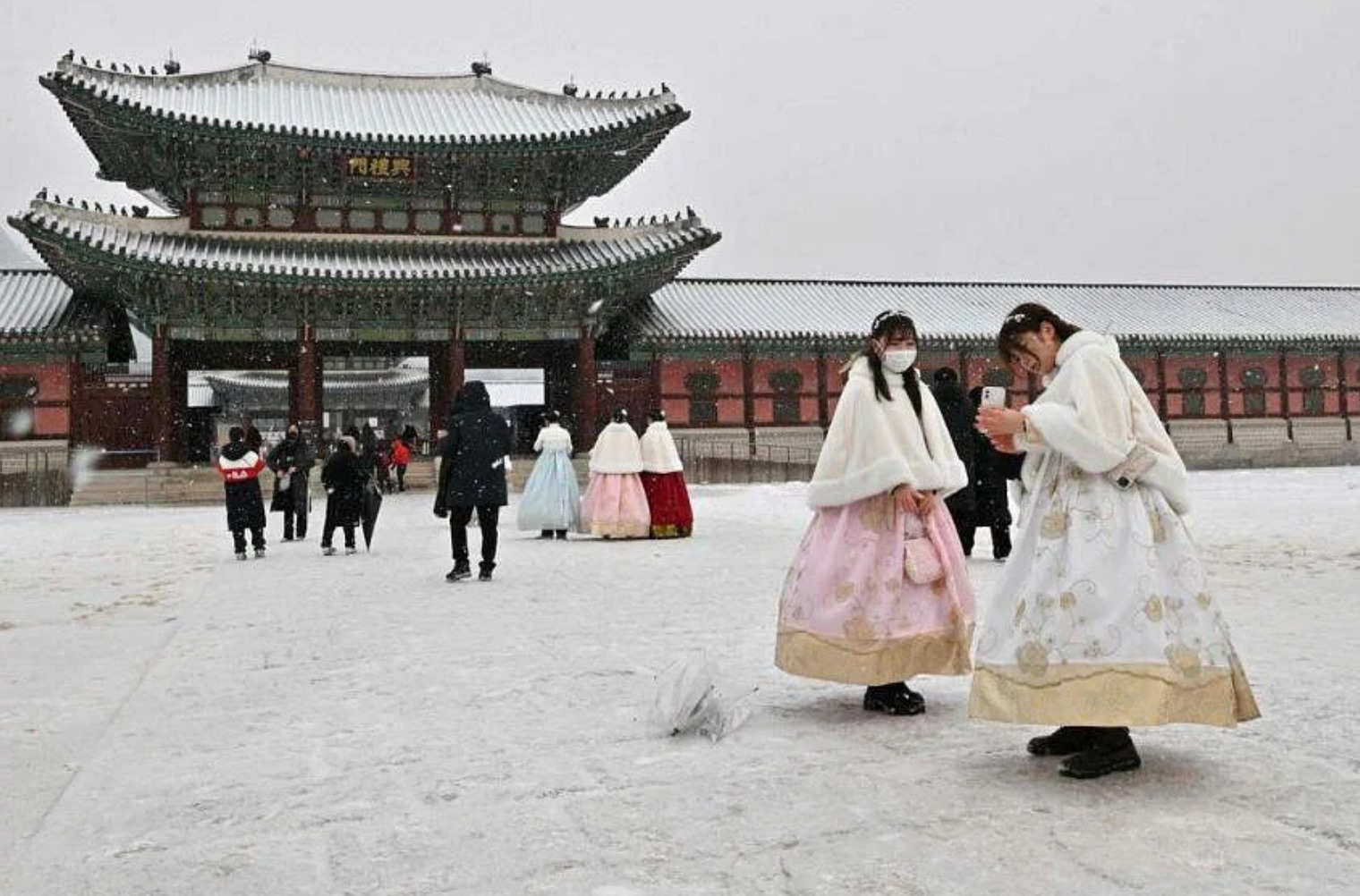 Tuyết rơi ở Cung điện Gyeongbokgung, Seoul, Hàn Quốc ngày 26.1.2023. Ảnh: AFP