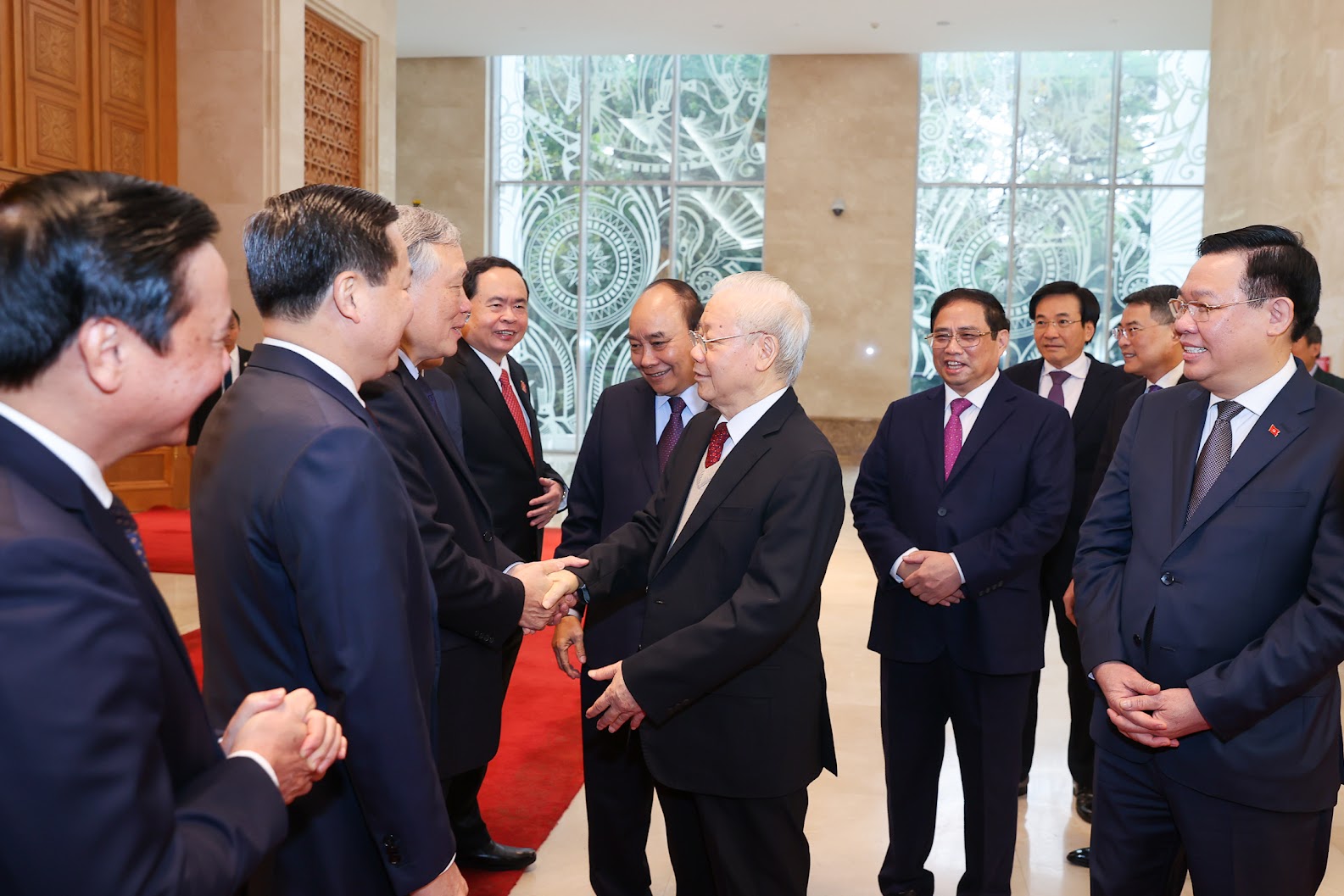 Tổng Bí thư Nguyễn Phú Trọng và các đồng chí lãnh đạo Đảng, Nhà nước đến dự Hội nghị. Ảnh: Nhật Bắc