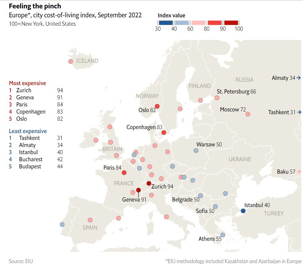 Thứ hạng của các thành phố đắt đỏ nhất ở Châu Âu năm 2022, trong đó những thành phố đắt nhất lần lượt là Zurich, Geneva, Paris, Copenhagen và Oslo. Ảnh: EIU